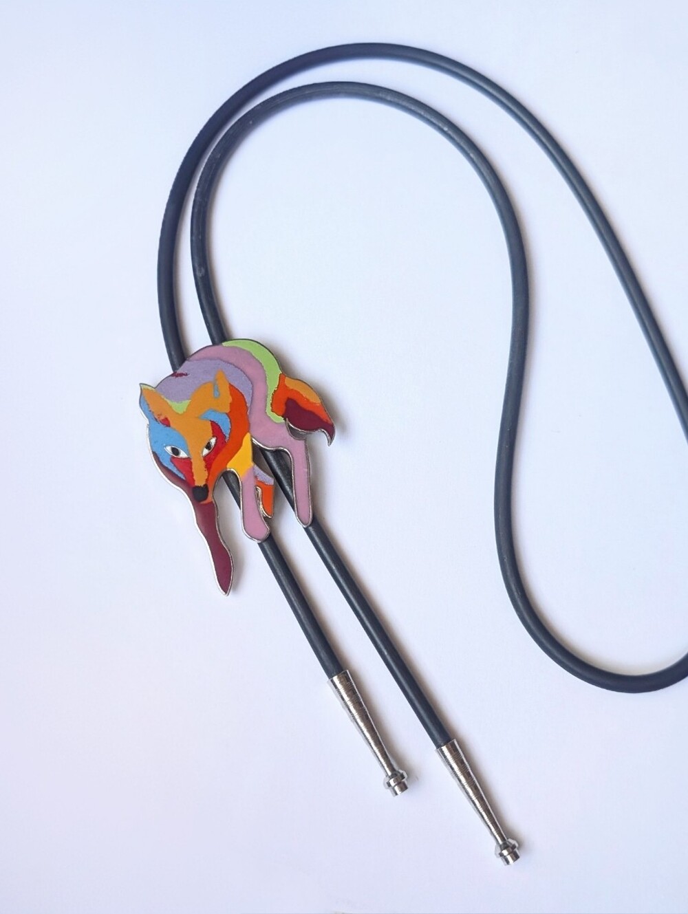 John Nieto Coyote Wolf Bolo Tie Black rubber Silver tone